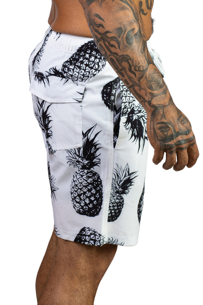 White Black Pineapples Swim Trunk side