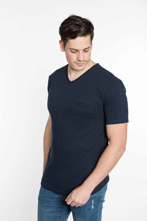 Navy Slub V Neck T Shirt