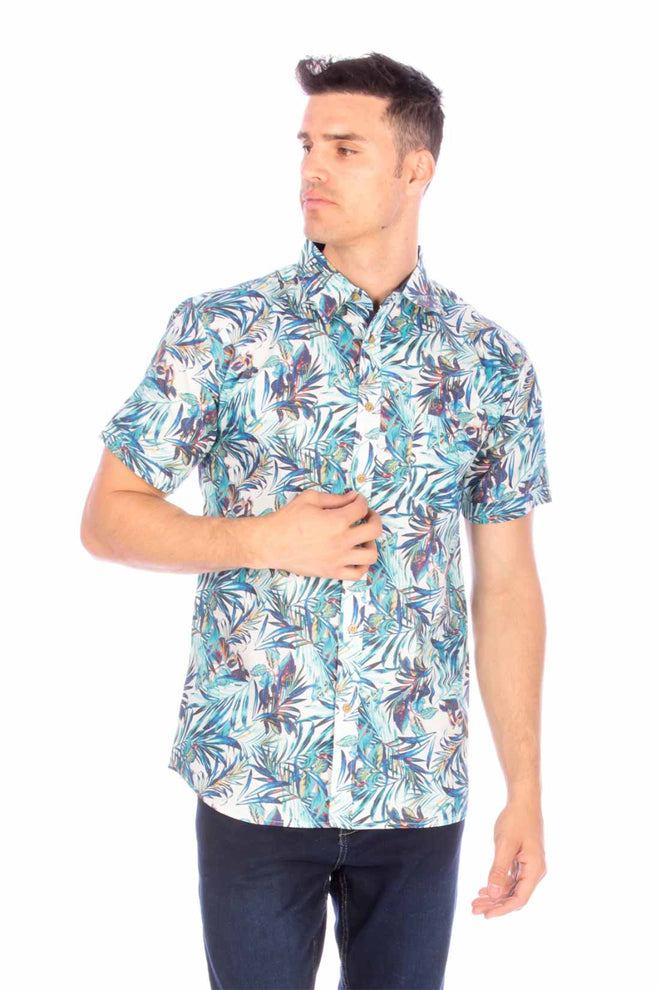 White Tropical Print Woven Shirt