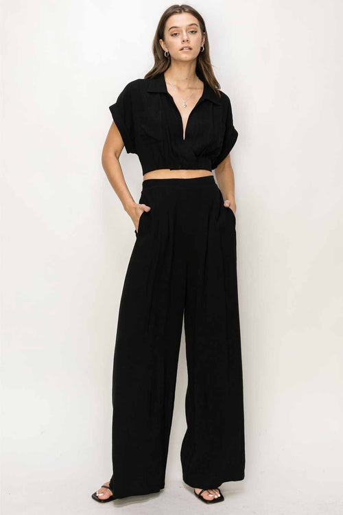 Corina Black V Neck Pants Set