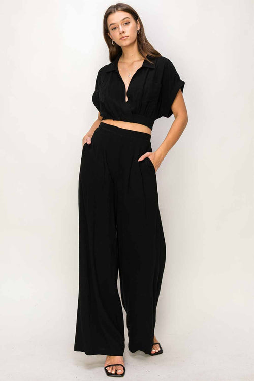 Corina Black V Neck Pants Set