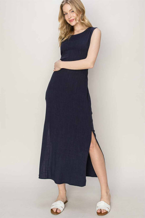 Gamboa Navy Linen Midi Dress front