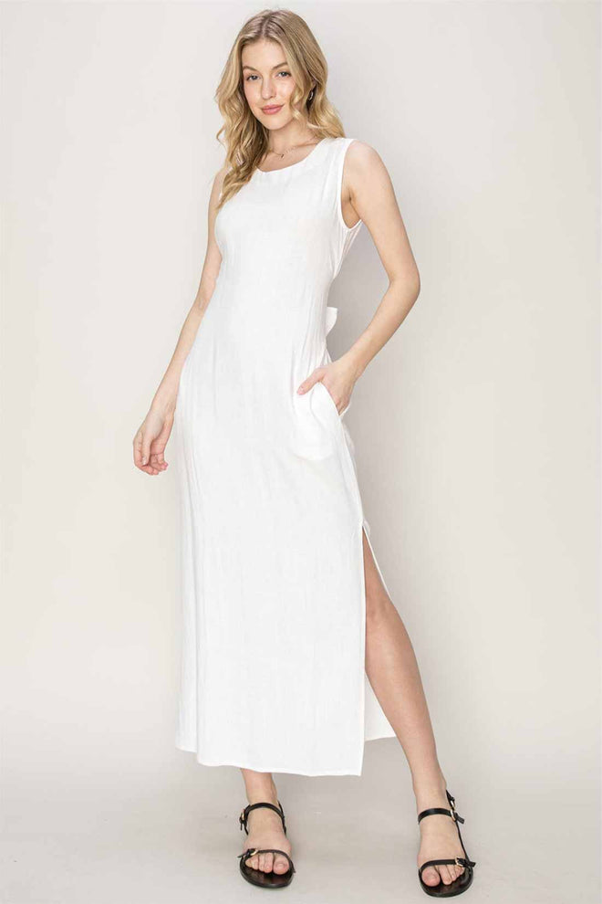 Gamboa White Linen Midi Dress front