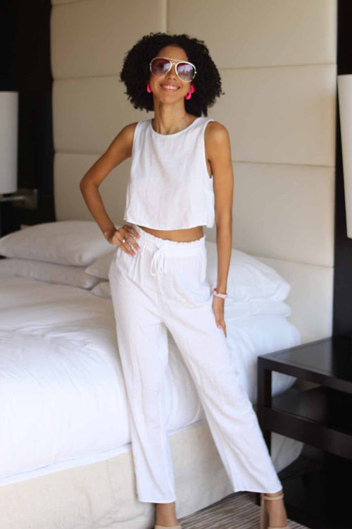 Karen White Linen Pants Set