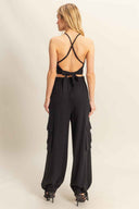 Black Halter Cargo Pants Set back