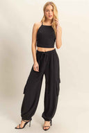 Black Halter Cargo Pants Set
