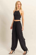 Black Halter Cargo Pants Set side