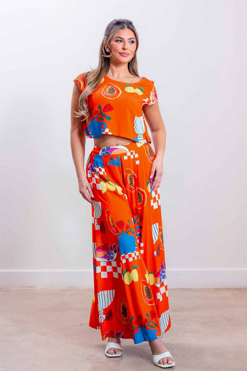 Orange Fruit Print Pants Set