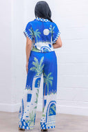 Blue Palm Print Pants Set back