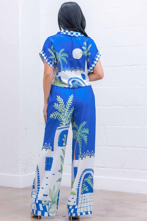 Blue Palm Print Pants Set back