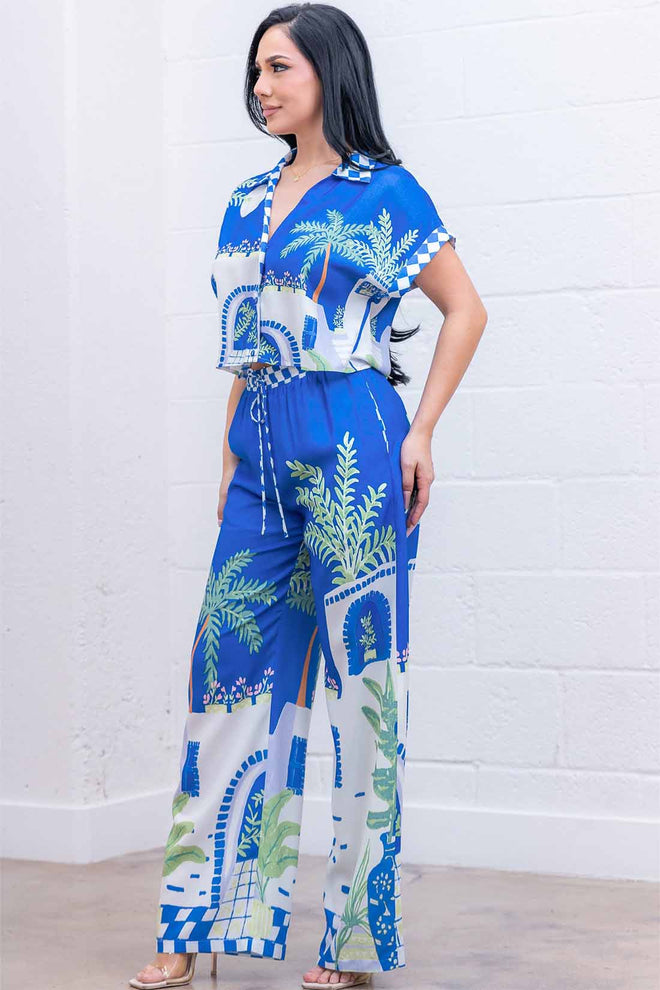 Blue Palm Print Pants Set side