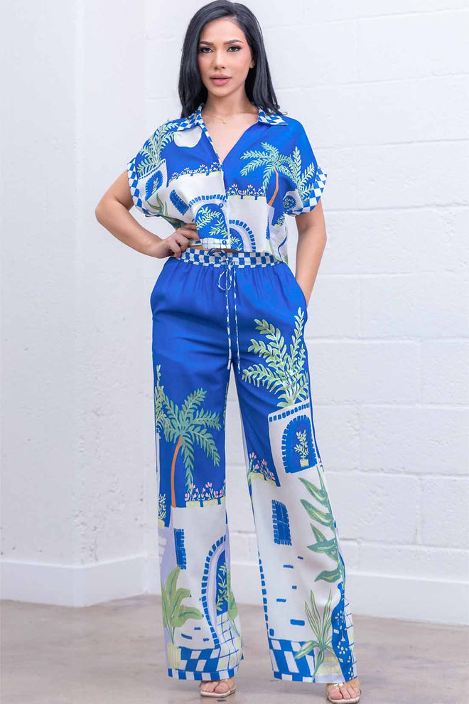 Blue Palm Print Pants Set