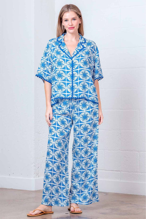 Blue Printed Lace Pants Set