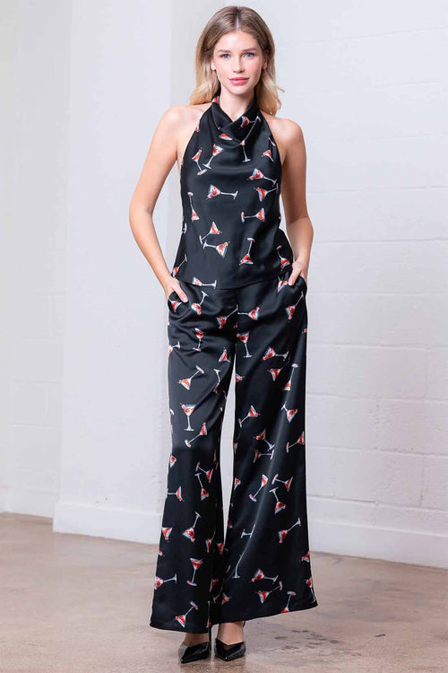 Black Martini Print Satin Pants Set