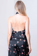 Black Martini Print Satin Pants Set back