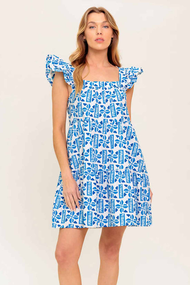 Blue Printed Woven Mini Dress