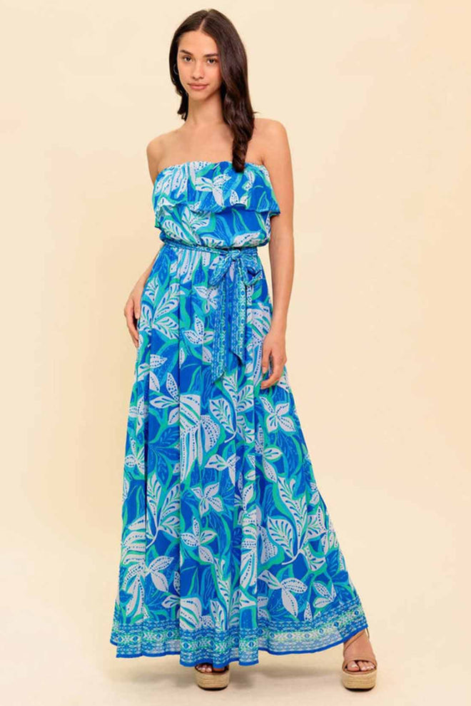 Blue Printed Off Shoulder Maxi Dress
