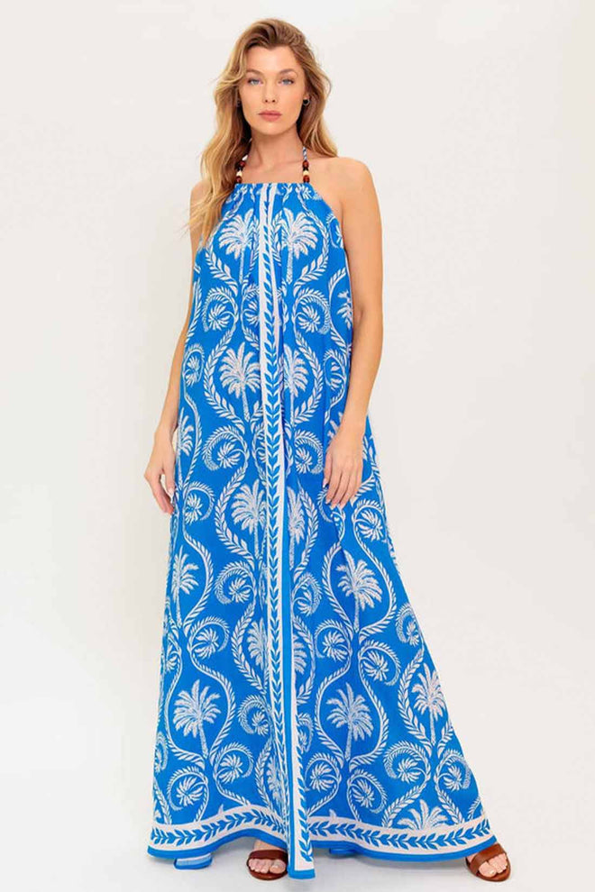 Blue Printed Halter Maxi Dress