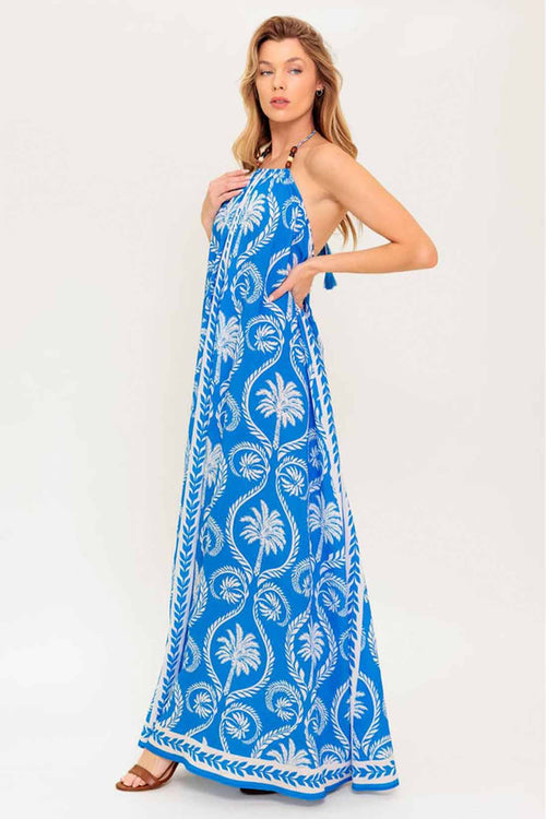 Blue Printed Halter Maxi Dress side