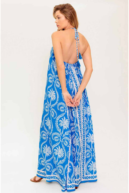 Blue Printed Halter Maxi Dress back