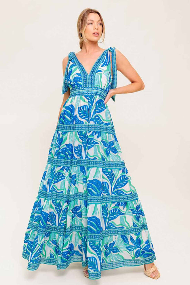 Blue Printed Ties Maxi Dress