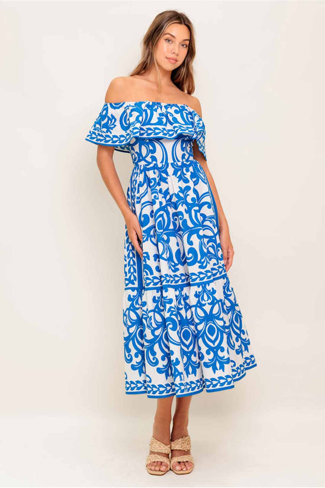 Blue Printed Off Shoulder Midi Dress