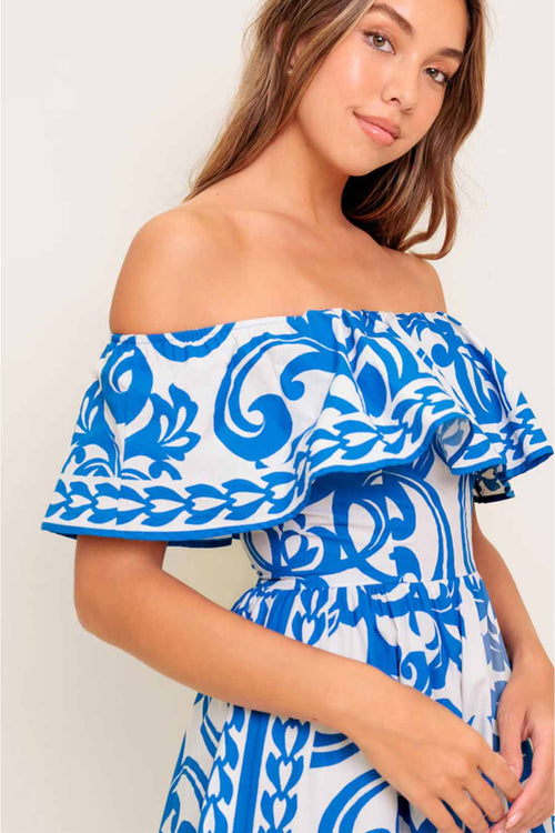 Blue Printed Off Shoulder Midi Dress details