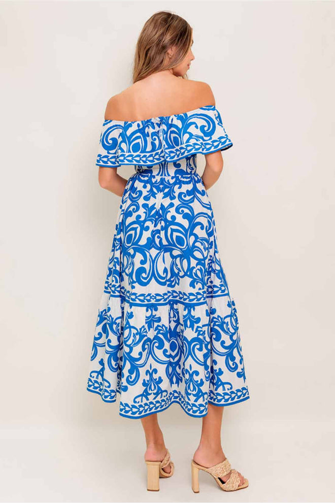 Blue Printed Off Shoulder Midi Dress back