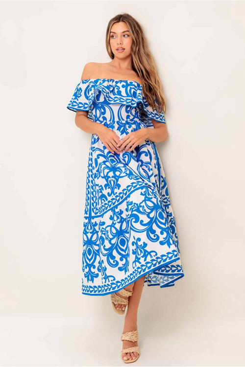 Blue Printed Off Shoulder Midi Dress front