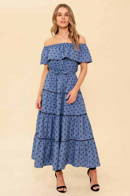 chambray dress off the shoulder Sea New York Lace Up Off Shoulder Chambray Dress