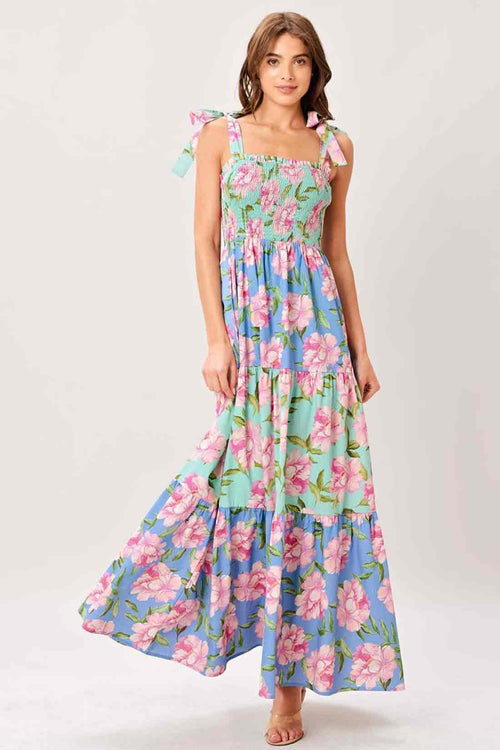 Printed Flower Tie Maxi Dress