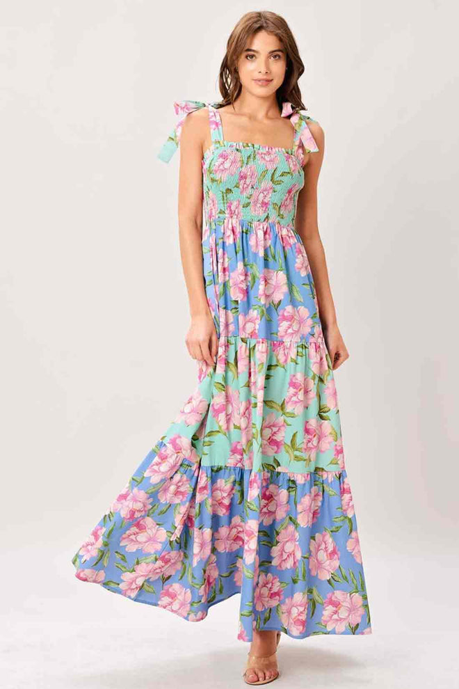 Printed Flower Tie Maxi Dress
