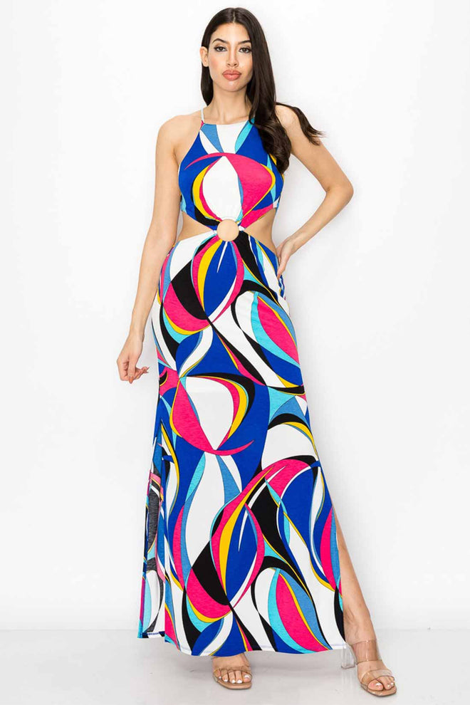 Allie Fuchsia Printed Cutouts Maxi Dress