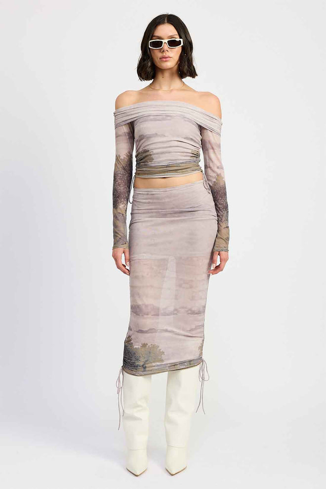Printed Off Shoulder Mesh Skirt Set
