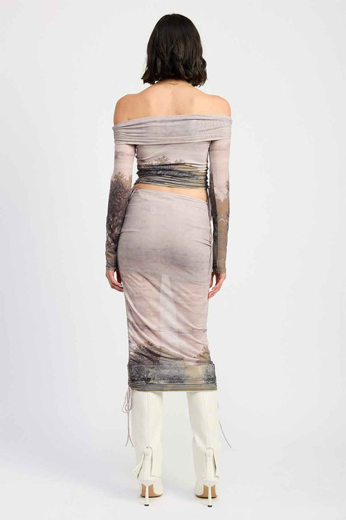 Printed Off Shoulder Mesh Skirt Set back