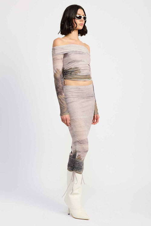 Printed Off Shoulder Mesh Skirt Set side