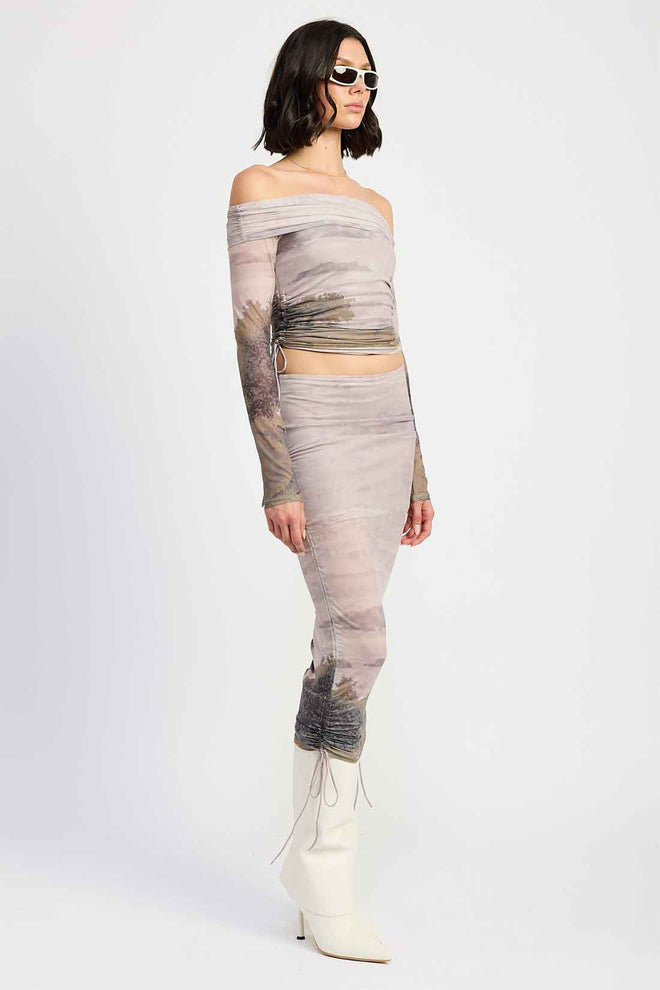 Printed Off Shoulder Mesh Skirt Set side