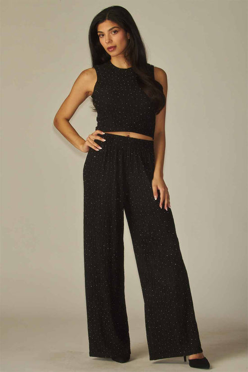 Black Rhinestone Crinkled Pants Set