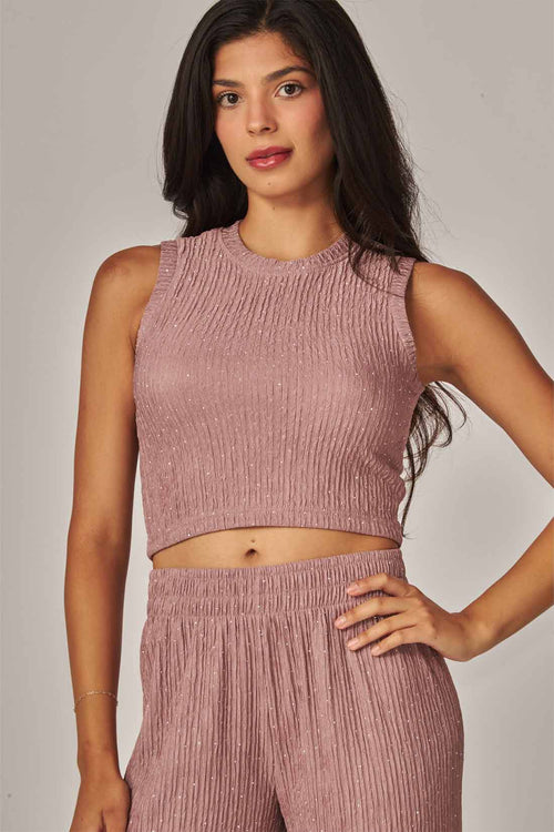 Rose Rhinestone Crinkled Pants Set