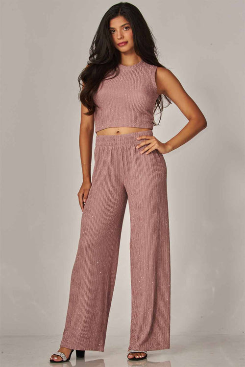 Rose Rhinestone Crinkled Pants Set