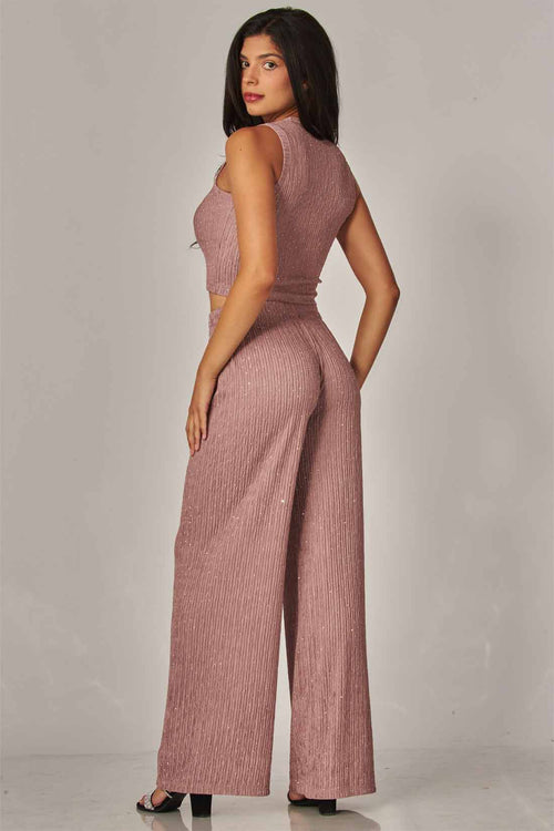 Rose Rhinestone Crinkled Pants Set