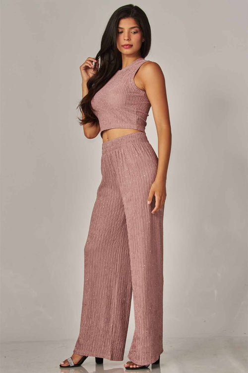 Rose Rhinestone Crinkled Pants Set