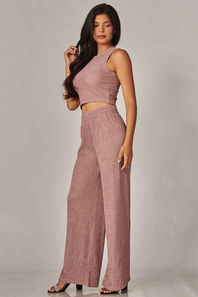Rose Rhinestone Crinkled Pants Set
