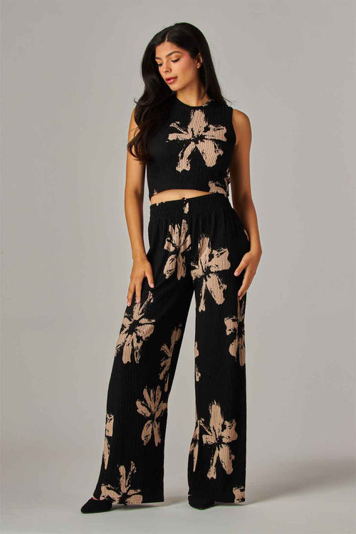 Black Floral Crinkled Pants Set