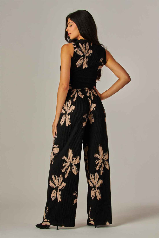 Black Floral Crinkled Pants Set back