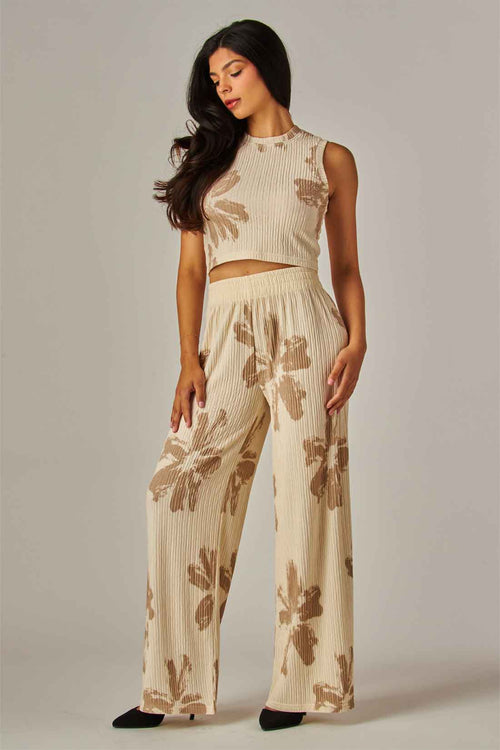 White Floral Crinkled Pants Set