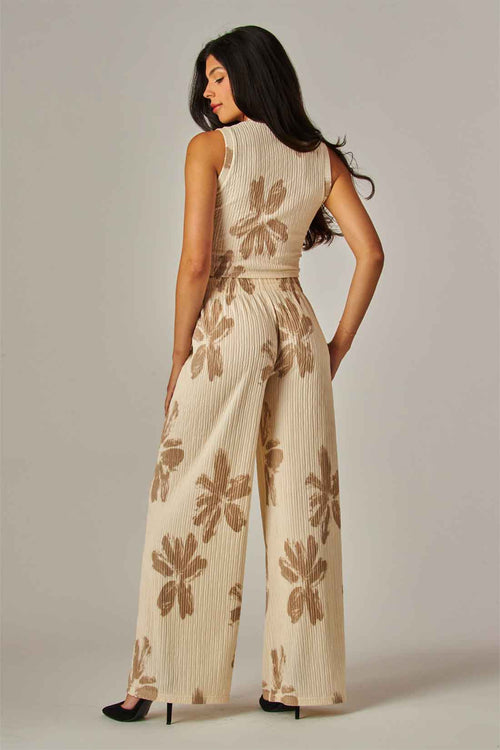 White Floral Crinkled Pants Set back