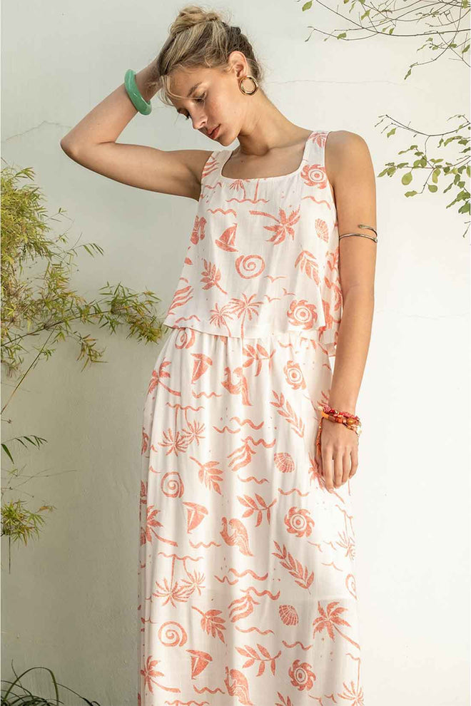 Pink Printed Maxi Skirt Set front