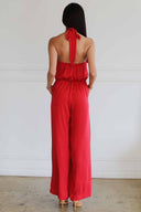Red Silk Halter Jumpsuit back