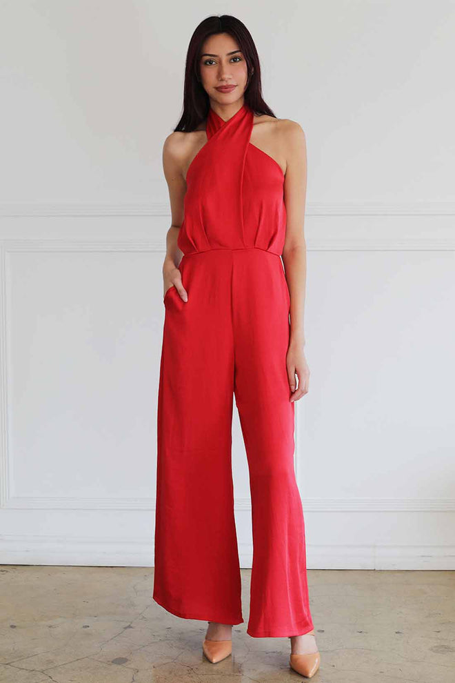 Red Silk Halter Jumpsuit